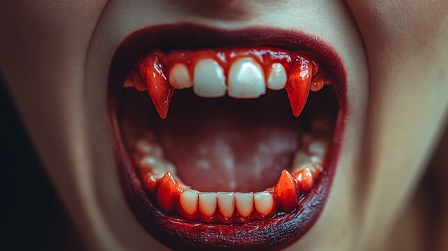 Close-up of a mouth with vampire fangs.