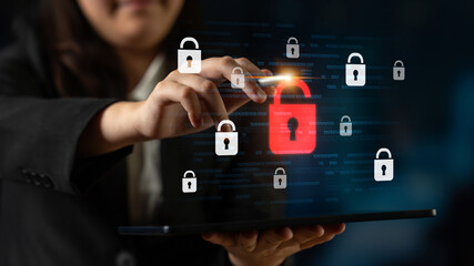 Digital security concept illustrating a cybersecurity breach, with a red unlocked padlock...