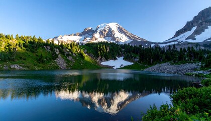 Mountain lake reflecting sunrise