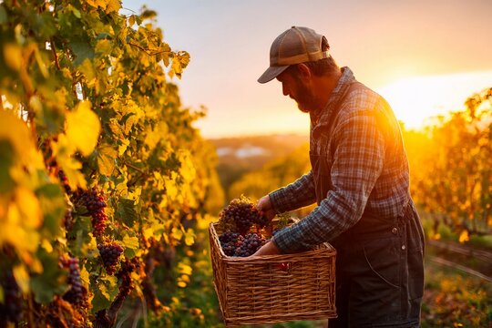 A farmer gathers ripe grapes in a woven basket as the sun sets over the vineyard, casting a golden light on the rows of vines and foliage