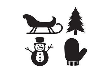 Christmas icons sleigh snowman tree and mitten
