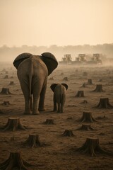 A serene sunset silhouette of an adult elephant and a calf walking through a barren landscape, surrounded by tree stumps, highlighting the impact of deforestation.