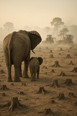 A serene moment featuring a mother elephant and her calf walking through a deforested landscape, highlighted by tree stumps and a hazy atmosphere.