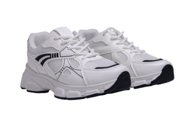 Pair of white sneakers with black details on transparent background