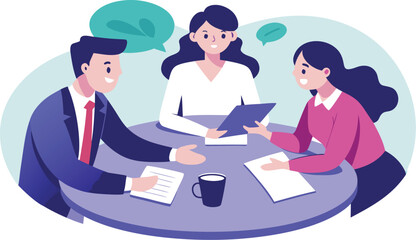 Obraz premium Vector art of business team meeting for collaboration and discussion, planning strategy with documents and coffee on table