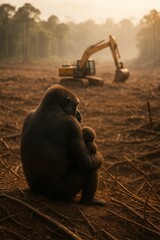 A poignant scene of a gorilla and its young one amidst deforestation, with heavy machinery clearing the forest, highlighting the impact of human activity on wildlife.