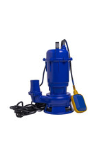 Blue submersible pump with float switch on transparent background