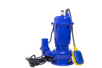 Blue submersible pump with float switch on transparent background