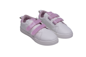 Pair of white and pink children's sneakers with glitter straps on transparent background