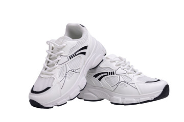 Pair of white sneakers with black details isolated on transparent background