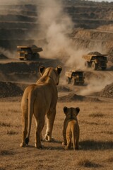 A lioness and her cub observe a nearby construction site, highlighting the contrast between nature and industrial activity in a vast landscape.