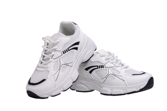 Pair of white sneakers with black details isolated on transparent background