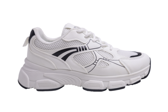 White sneaker with black details isolated on transparent background