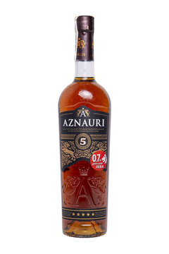 06.08.2025 Kyiv, Ukraine Aznauri five star brandy bottle with transparent background
