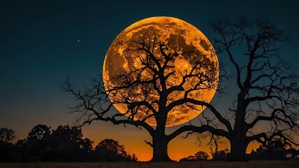 A large orange moon behind silhouetted trees creates a dramatic and captivating night time scene