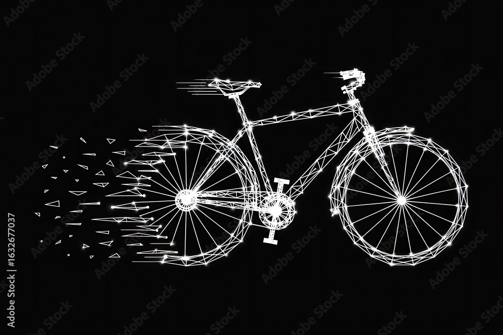 Poster abstract white sketch of a bicycle dissolving into particles against a stark black background symbol