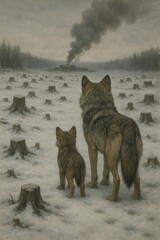 Two wolves stand in a snowy, deforested landscape, gazing at a distant smoke plume, symbolizing the impact of environmental destruction.