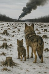 Two wolves stand on a snowy landscape, gazing toward a distant plume of black smoke, highlighting the contrast between nature and industrial pollution.
