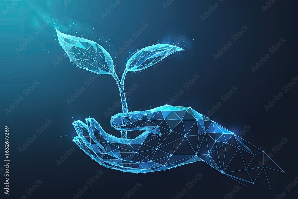 Aufkleber digital abstract hand cradling a glowing blue seedling with interconnected lines and nodes symbolizi