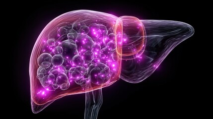Medical illustration of liver with glowing purple ketone meter overlay emphasizing critical ketone buildup from excessive alcohol consumption.