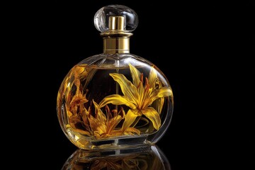 Clear glass perfume bottle with yellow lilies