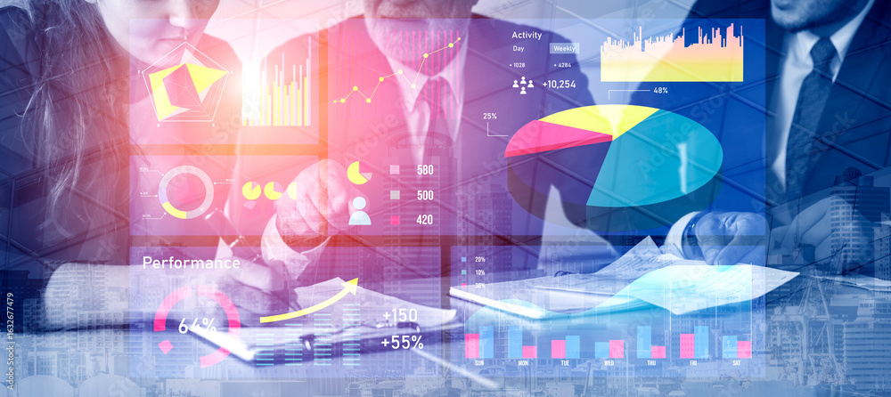 Aufkleber a group of professionals engages in deep financial analysis, surrounded by colorful charts and data 