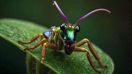 Fototapeta premium A close up of a colorful insect with purple antennae on a green leaf in a natural setting