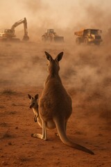 A kangaroo and its joey observe construction machinery billowing dust in a vast australian landscape, highlighting the intersection of nature and industry.
