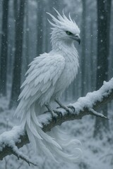 A majestic, snowy-white mythical bird perched on a branch, surrounded by a serene winter forest, capturing the essence of tranquility and fantasy.