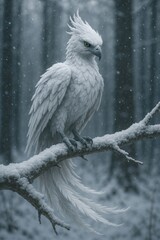 A majestic white bird perched on a snowy branch, surrounded by a serene winter forest, radiating an ethereal and magical essence.