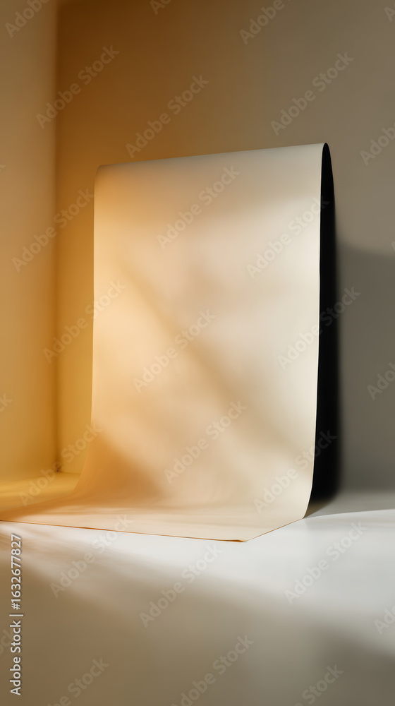 Poster stark white canvas casting soft shadows, illuminated by warm light pooling in corner, conveying mini