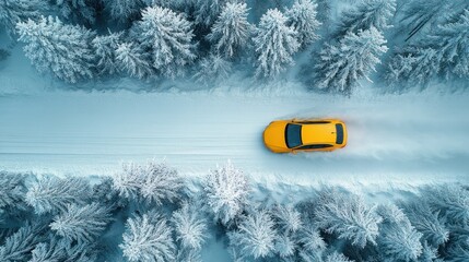 Yellow car on snowy forest road