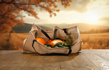 Autumn vegetables in canvas bag on wooden table with fall sky background and empty copy space for...
