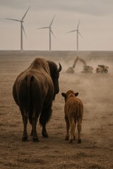 A serene scene of a bison and its calf standing amidst a dusty landscape, with wind turbines softly spinning in the background under a moody sky.