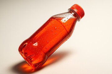 A vibrant drink bottle placed at an angle on a clean, neutral background, perfectly lit to enhance its shape and transparency
