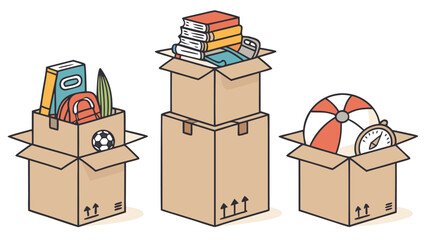 Cardboard boxes with personal stuff for moving, relocation. Stack of packed property, belongings. Objects, toys, books ready for delivery. Flat vector illustrations isolated on white background