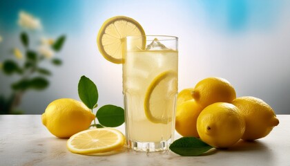 Fototapeta premium a glass of iced lemonade with a lemon slice and fresh whole lemons beside it