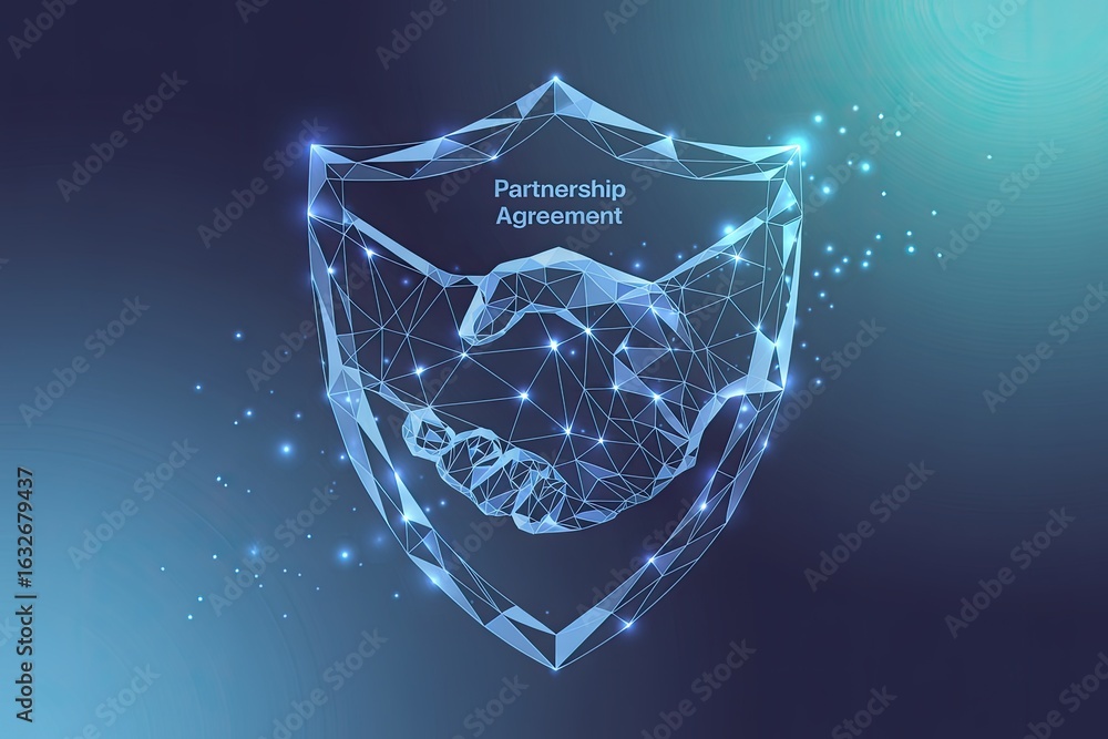 Poster digital handshake within a futuristic polygonal shield symbolizing trust security and partnership in
