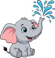 Cartoon Baby Elephant Spraying Water — Cute Sitting Character with Blue Eyes, Pink Ears, and Happy Expression for Kids’ Designs