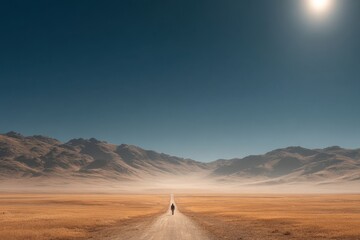 Lone figure walking across desolate landscape towards the bright sun at sunset