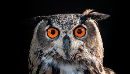 Fototapeta premium close up portrait of an owl with vivid orange eyes on a black background
