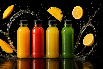 Multiple juice bottles arranged in a perfect line, with vivid juice colors glowing under soft rim lights