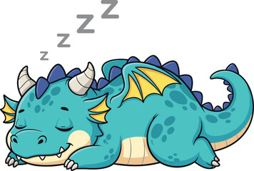 Cartoon Sleeping Blue Dragon — Cute Fantasy Creature with Yellow Wings, Curled Tail, and Peaceful Expression in Dreamy Pose