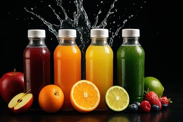 A lineup of assorted juice bottles on a dark reflective surface, illuminated with high-contrast studio lights that make the bright liquid colors pop