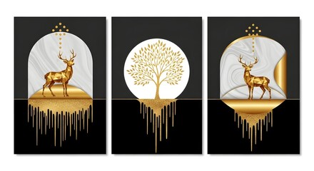 Deer tree gold black white modern art print wall decor canvas painting for living room