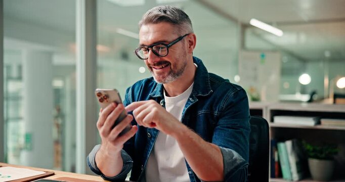 Phone, reading and business man in office with funny meme, networking or scroll notification. Creative, mobile and mature manager with message online, laugh or script writer research ideas for comedy