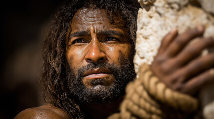 Blind and chained, Samson stands between two massive Philistine temple pillars, muscles straining, teeth gritted in prayer and agony; cracks spread as nobles above remain unaware, golden light casting