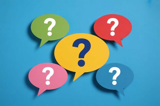 Colorful question marks speech bubbles on blue background