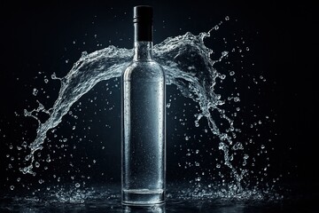 A tall vodka bottle at the center of the frame captured at the exact moment a sheet of water cascades over it