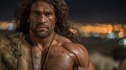 Sweaty and furious, Samson stands before the city before dawn, his long hair blowing in the wind. The beast glows behind him in the dark blue twilight.